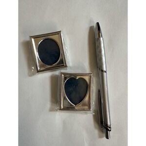 Silver Tone Mini Photo Frames Heart & Oval Desk Size Easel Backs Set 1.5"x1.75"